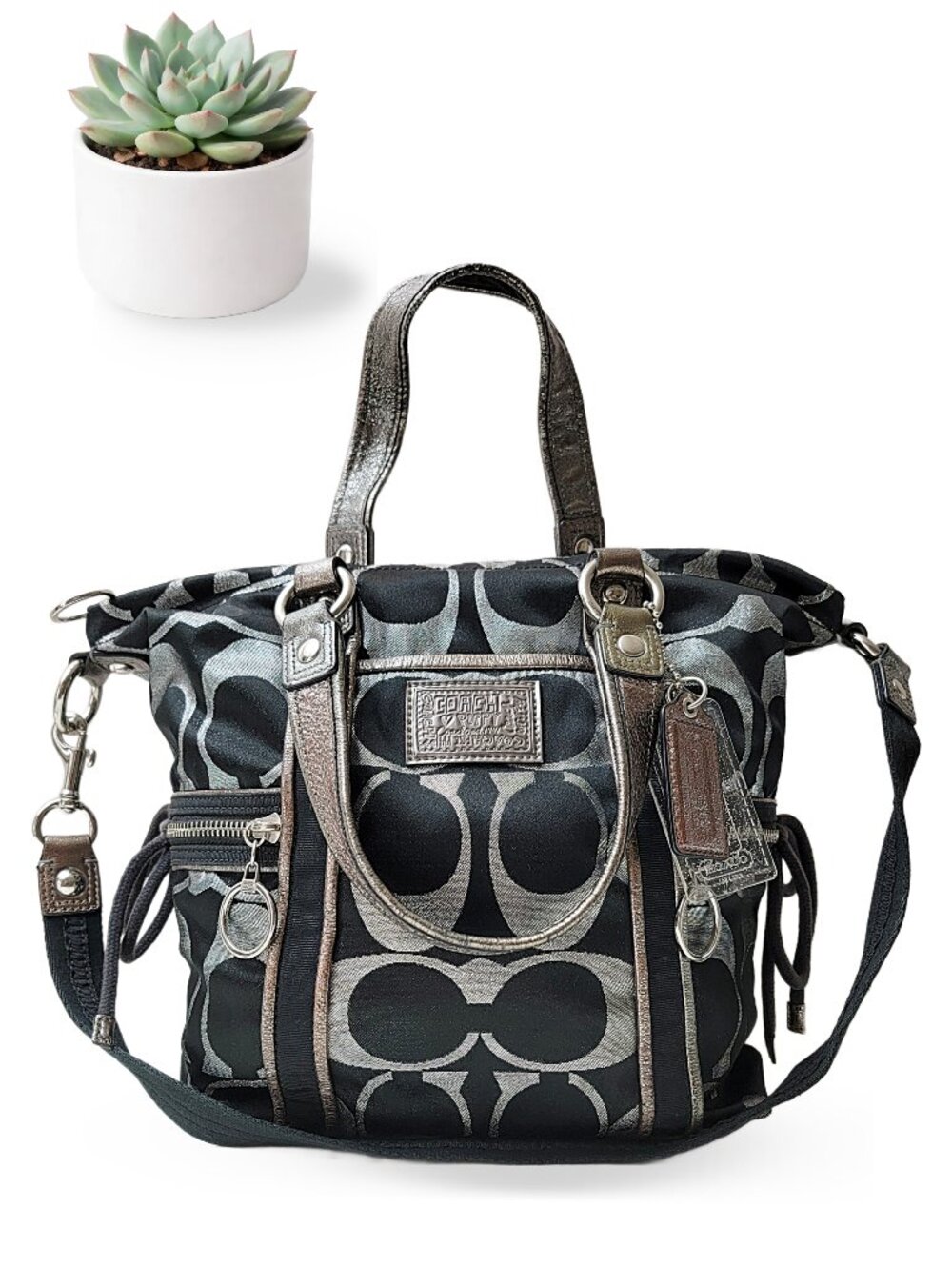 Coach Poppy Spotlight Satchel Black Silver Signature Y2K Metallic Trim F14431